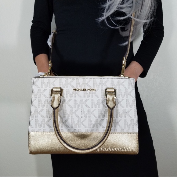 NWT MICHAEL KORS KELLEN SATCHEL CROSSBODY GOLD BAG - Picture 2 of 8